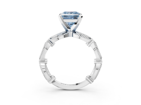 White gold Fancy Blue Princess  Solitaire Milgrain Diamond Engagement Ring with Bezel and Marquise Band