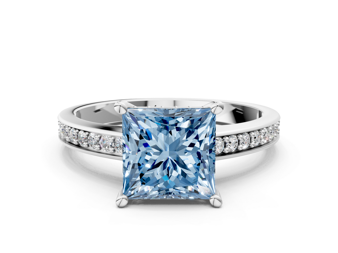 White gold Fancy Blue Princess  Solitaire Pavé Band Prong Setting Ring_55