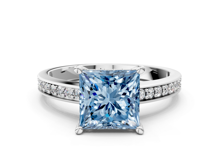 White gold Fancy Blue Princess  Solitaire Pavé Band Prong Setting Ring