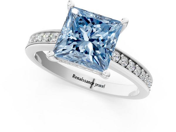 White gold Fancy Blue Princess  Solitaire Pavé Band Prong Setting Ring