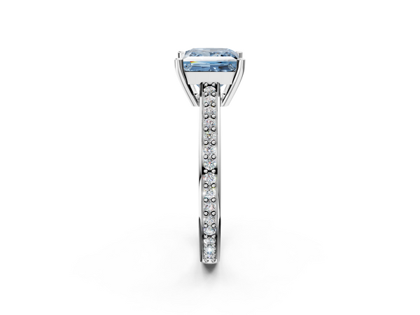 White gold Fancy Blue Princess  Solitaire Pavé Band Prong Setting Ring