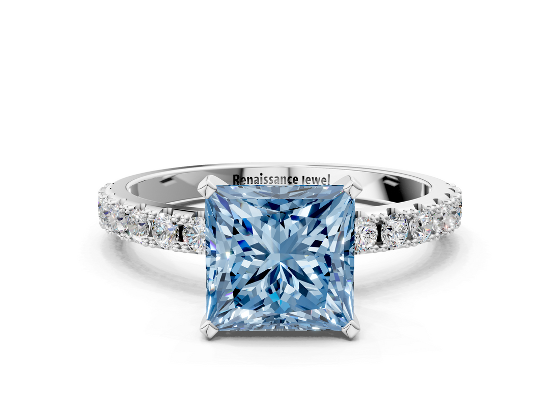White gold Fancy Blue Princess  Solitaire Pavé Band with Four-Prong Setting_168