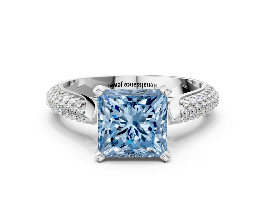 White gold Fancy Blue Princess  Solitaire Pavé Diamond Engagement Ring with Four-Prong Setting_189