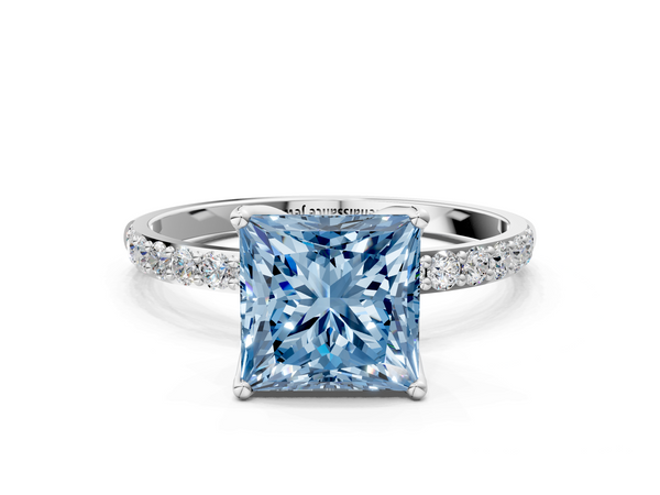 White gold Fancy Blue Princess Cut Diamond Solitaire Engagement Ring with Round  Pavé Band and Prong Setting