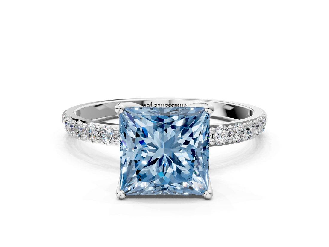 White gold Fancy Blue Princess  Solitaire Pavé Diamond Engagement Ring with Four-Prong Setting_25
