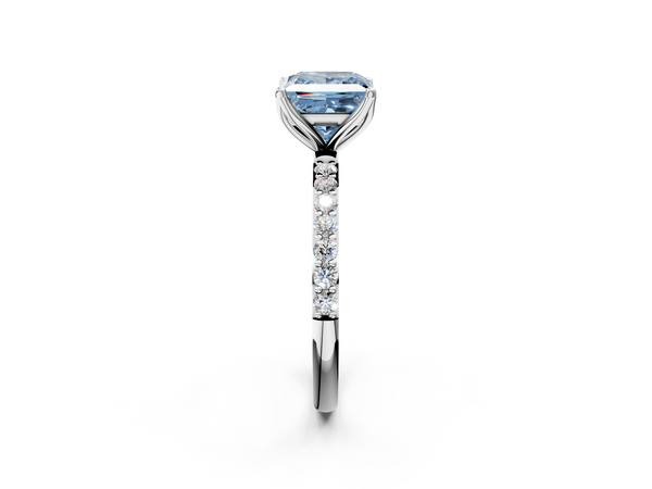White gold Fancy Blue Princess Cut Diamond Solitaire Engagement Ring with Round  Pavé Band and Prong Setting