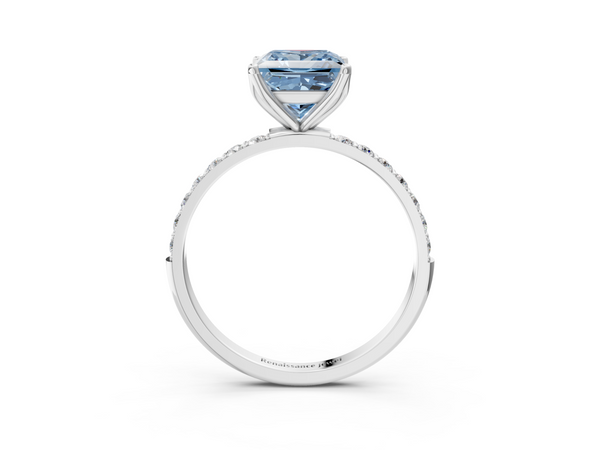 White gold Fancy Blue Princess Cut Diamond Solitaire Engagement Ring with Round  Pavé Band and Prong Setting