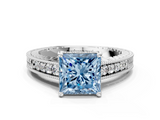 White gold Fancy Blue Princess  Solitaire Pavé Diamond Milgrain Engagement Ring with Four-Prong Setting_3
