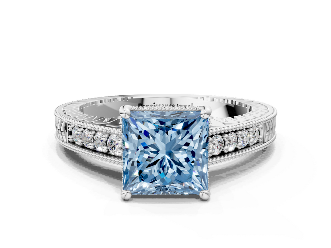 White gold Fancy Blue Princess  Solitaire Pavé Diamond Milgrain Engagement Ring with Four-Prong Setting_3