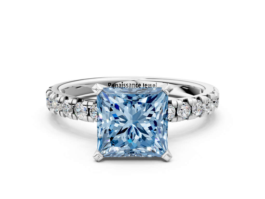 White gold Fancy Blue Princess  Solitaire Pave Diamond Engagement Ring with Four-Prong Setting_241