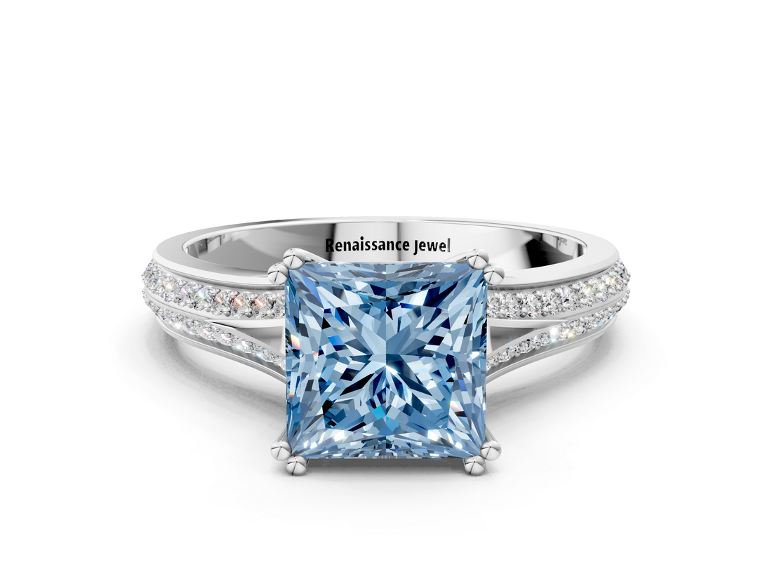 White gold Fancy Blue Princess  Solitaire Pave Split Shank Engagement Ring with Six-Prong Setting_89