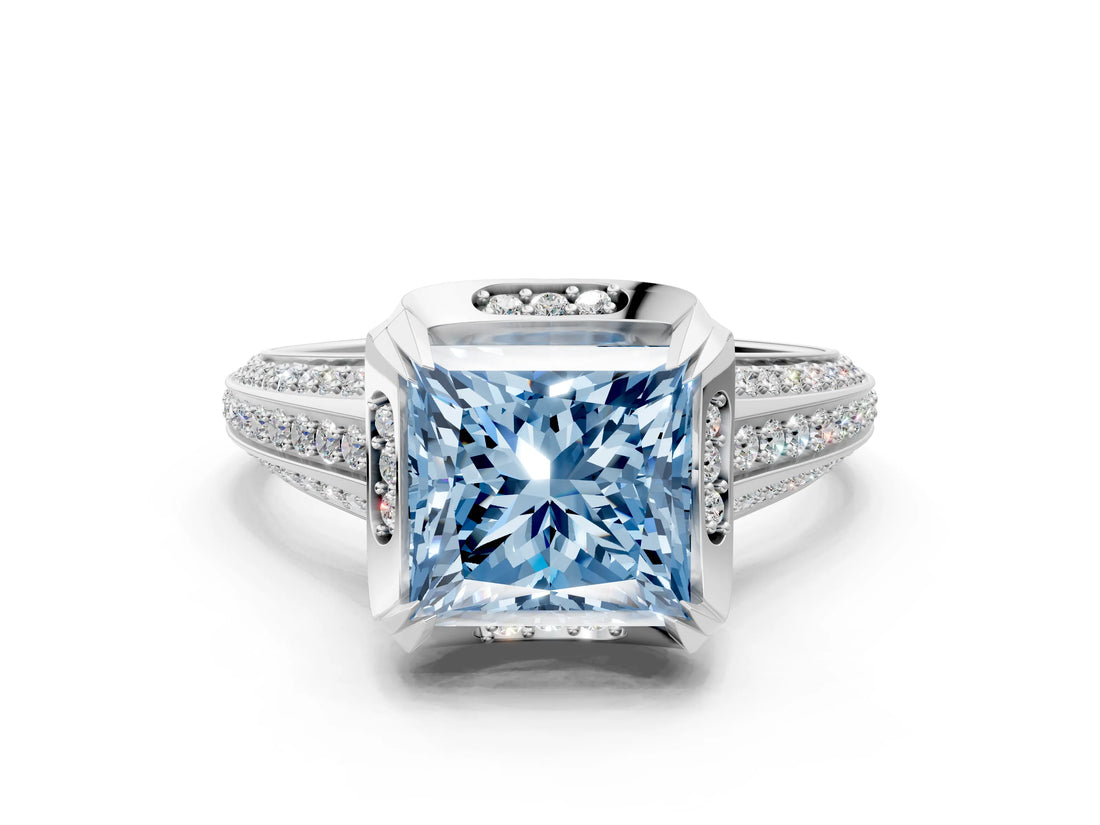 White gold Fancy Blue Princess  Solitaire Pave Split Shank Ring with Four-Prong Setting_105