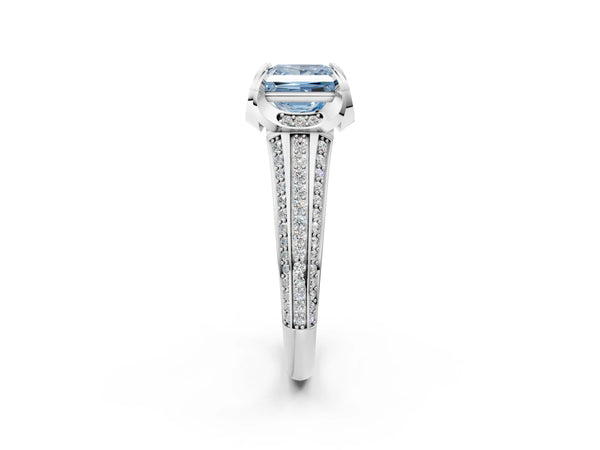 Platinum Fancy Blue Princess  Solitaire Pave Split Shank Ring with Four-Prong Setting