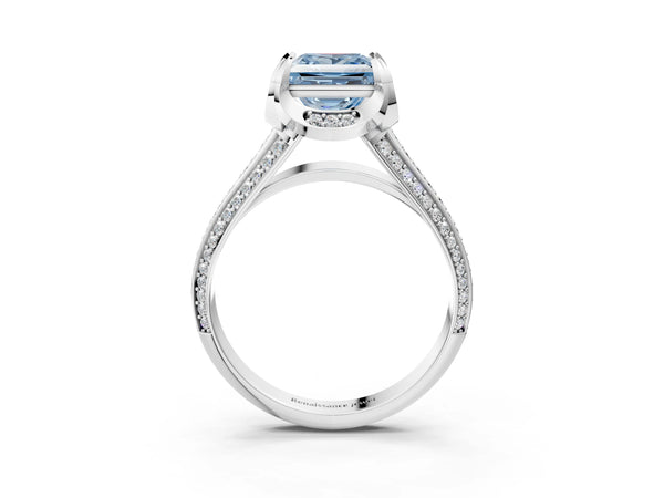 Platinum Fancy Blue Princess  Solitaire Pave Split Shank Ring with Four-Prong Setting