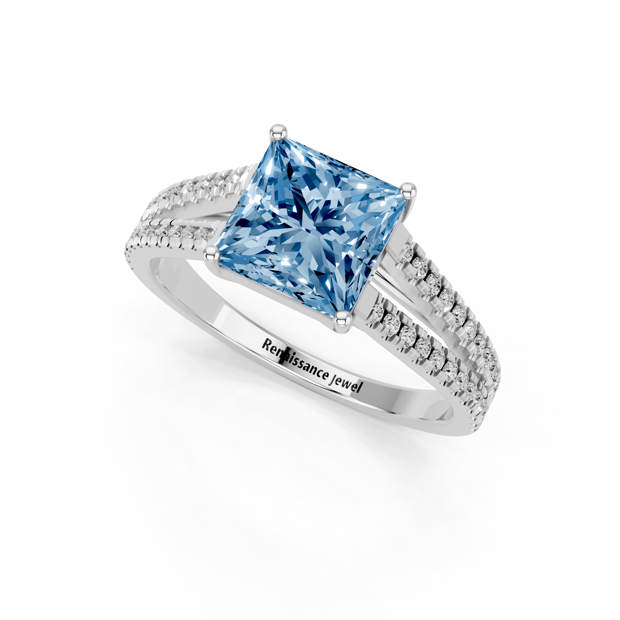 White gold Fancy Blue Princess  Solitaire Split Shank Pavé Diamond Engagement Ring_254