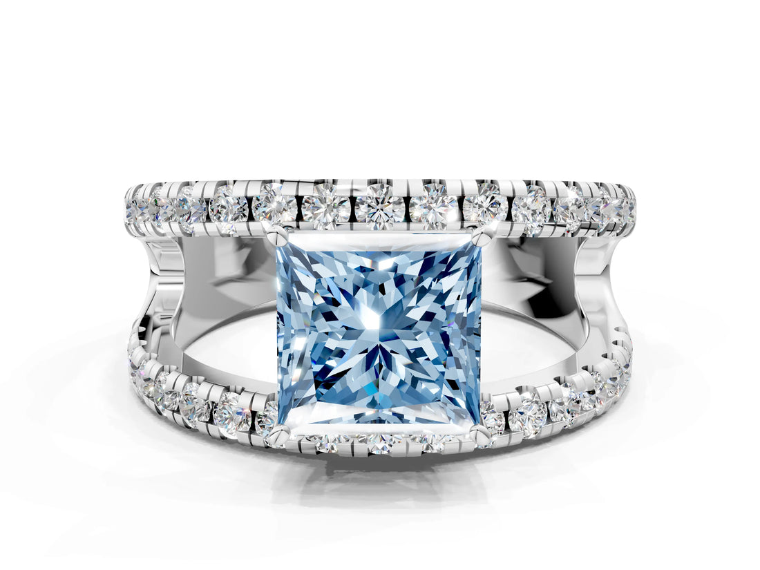 White gold Fancy Blue Princess  Solitaire Split Shank Pave Diamond Ring_48