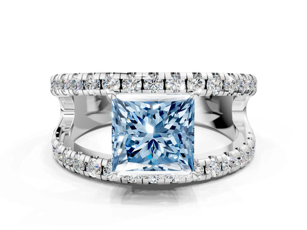 White gold Fancy Blue Princess  Solitaire Split Shank Pave Diamond Ring