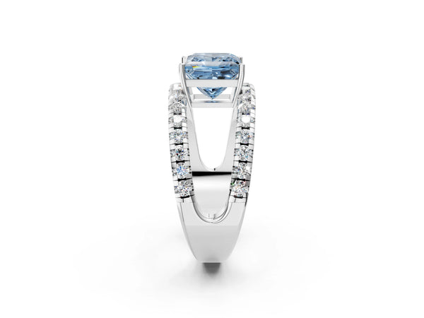 White gold Fancy Blue Princess  Solitaire Split Shank Pave Diamond Ring