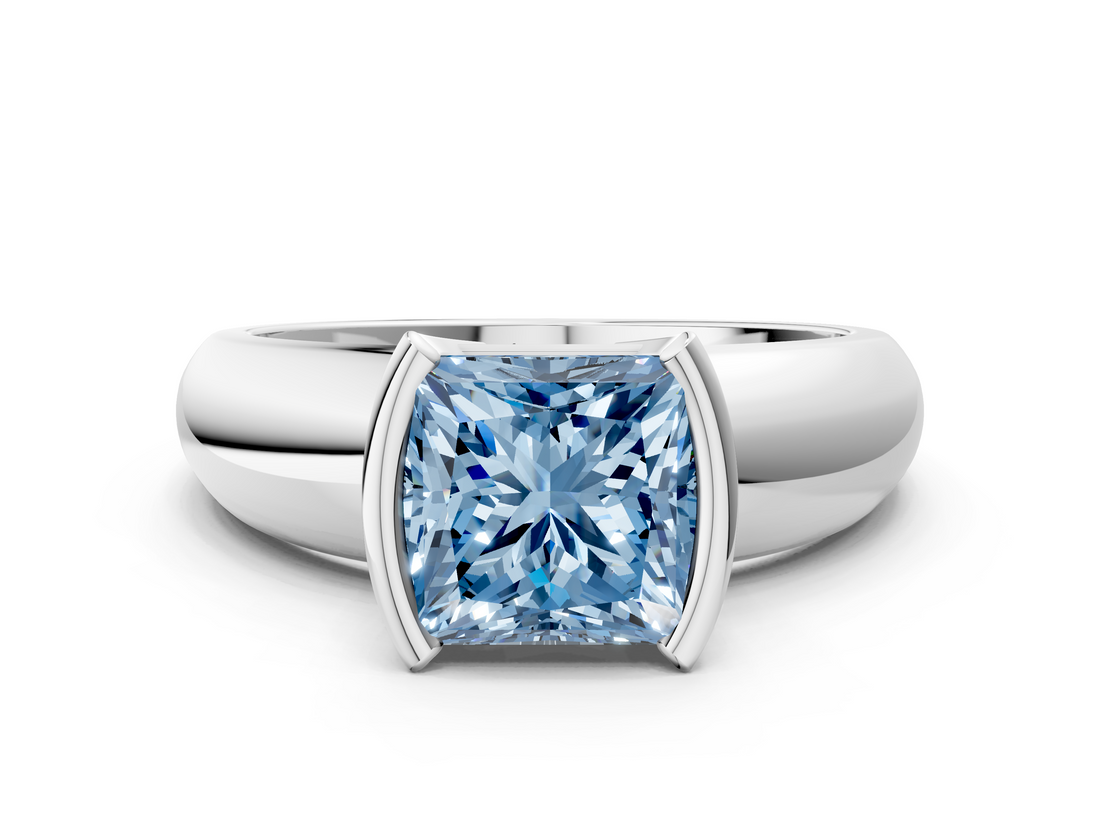 White gold Fancy Blue Princess  Solitaire Tension Set Diamond Ring with Wide Band_20