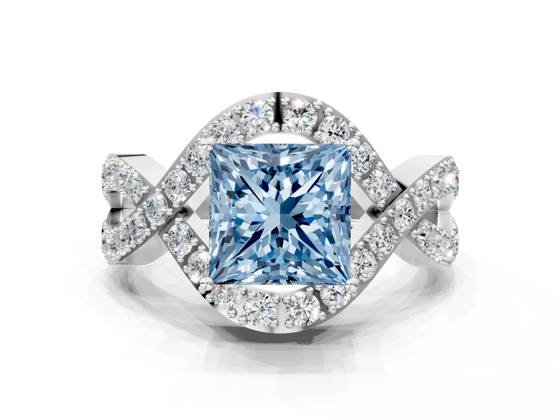 White gold Fancy Blue Princess  Solitaire Twist Band Pavé Diamond Engagement Ring_50