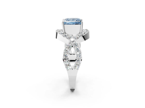 White gold Fancy Blue Princess  Solitaire Twist Band Pavé Diamond Engagement Ring