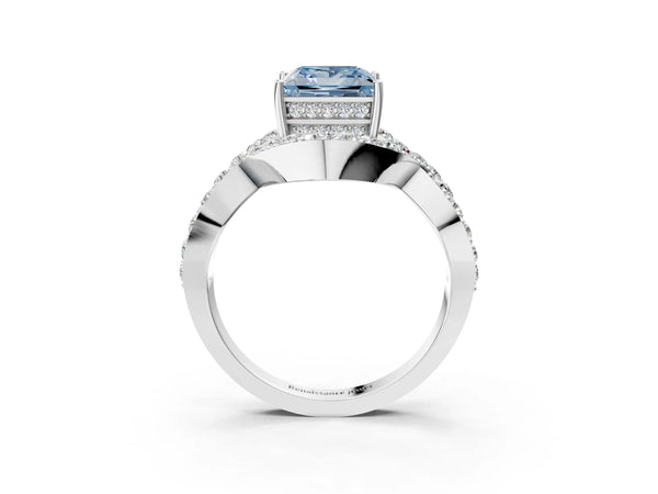 White gold Fancy Blue Princess  Solitaire Twist Band Pavé Diamond Engagement Ring