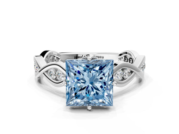 White Gold Princess Cut Accented Twist Engagement Ring Setting for Fancy Blue Center