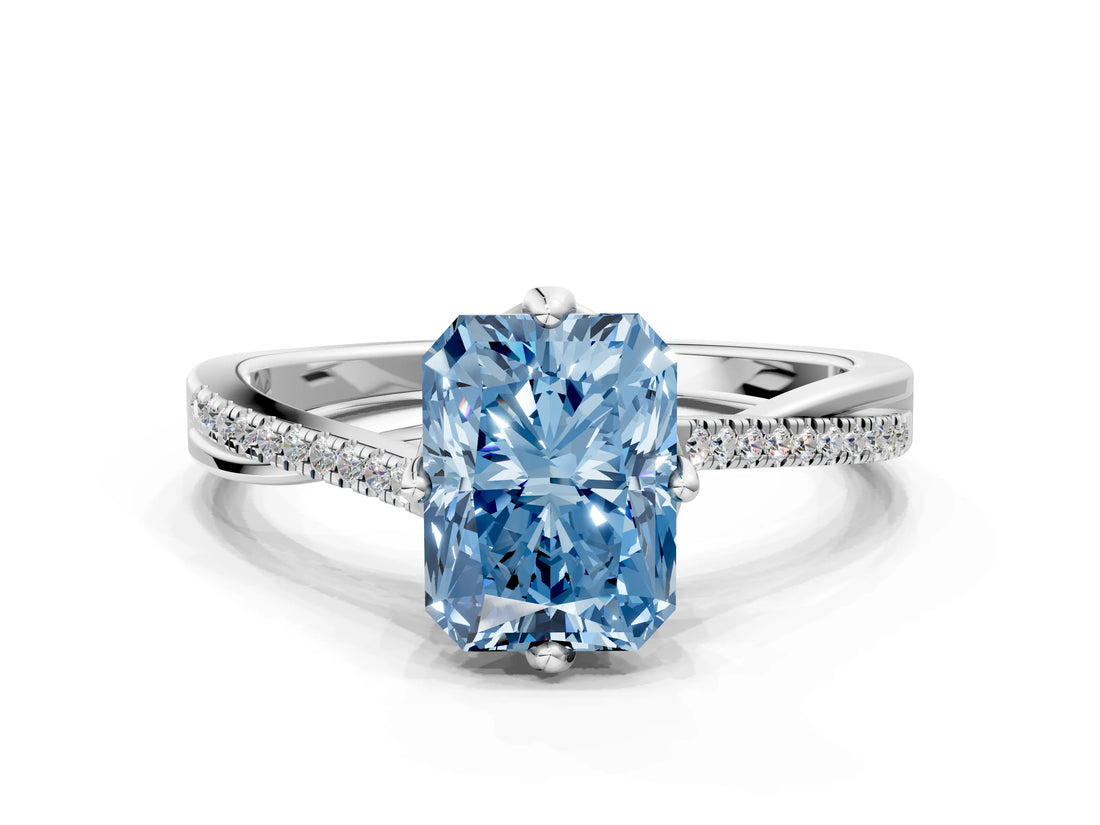 White gold Fancy Blue Princess  Solitaire Twist Band with Pavé Diamonds and Four-Prong Setting_65