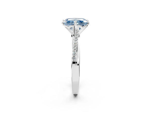 Platinum Fancy Blue Princess  Solitaire Twist Band with Pavé Diamonds and Four-Prong Setting