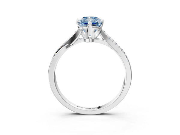 Platinum Fancy Blue Princess  Solitaire Twist Band with Pavé Diamonds and Four-Prong Setting