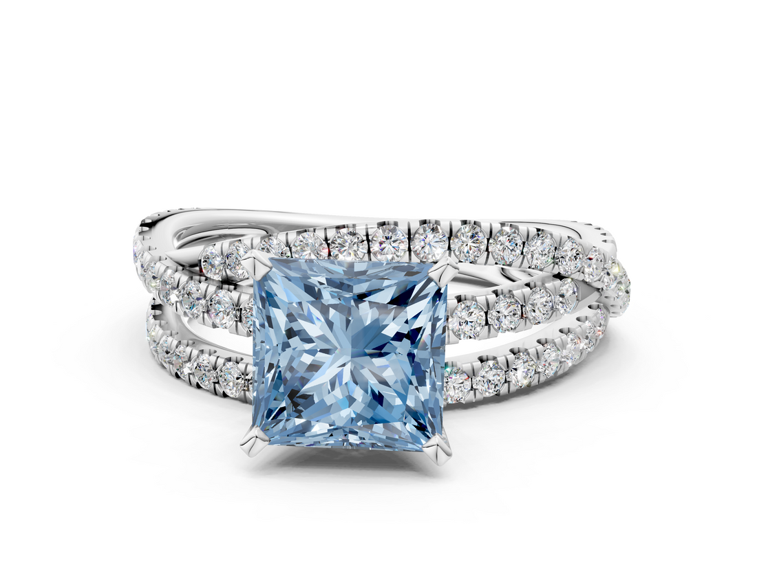 White gold Fancy Blue Princess  Solitaire Twist Band with Pavé Setting and Four-Prong Setting_108