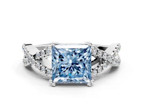White gold Fancy Blue Princess  Solitaire Twist Band with Pavé Setting and Four-Prong Setting_31