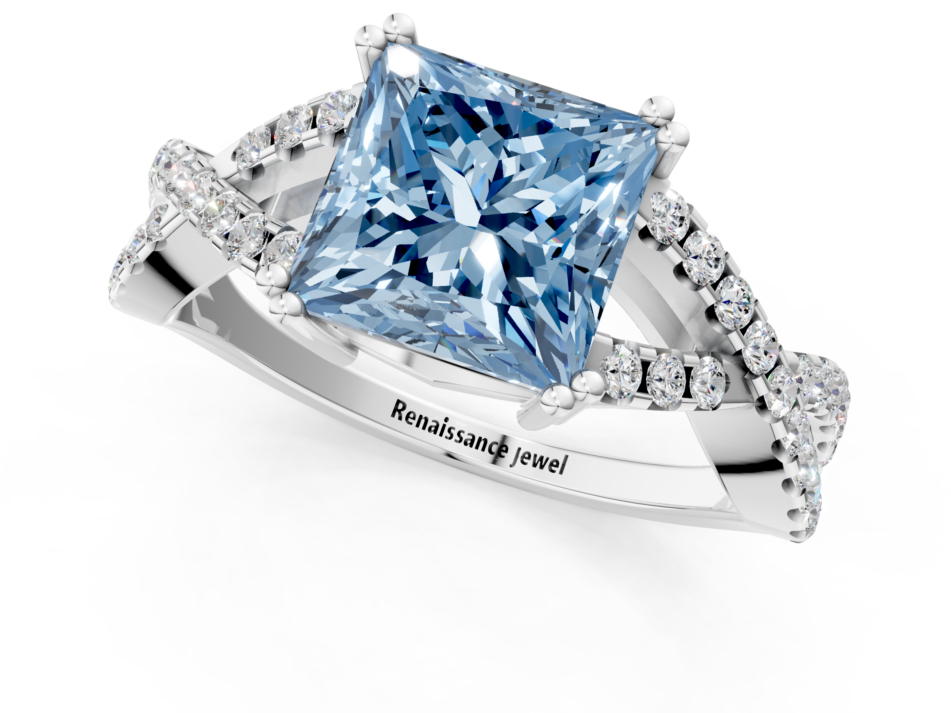 White gold Fancy Blue Princess  Solitaire Twist Band with Pavé Setting and Four-Prong Setting_32
