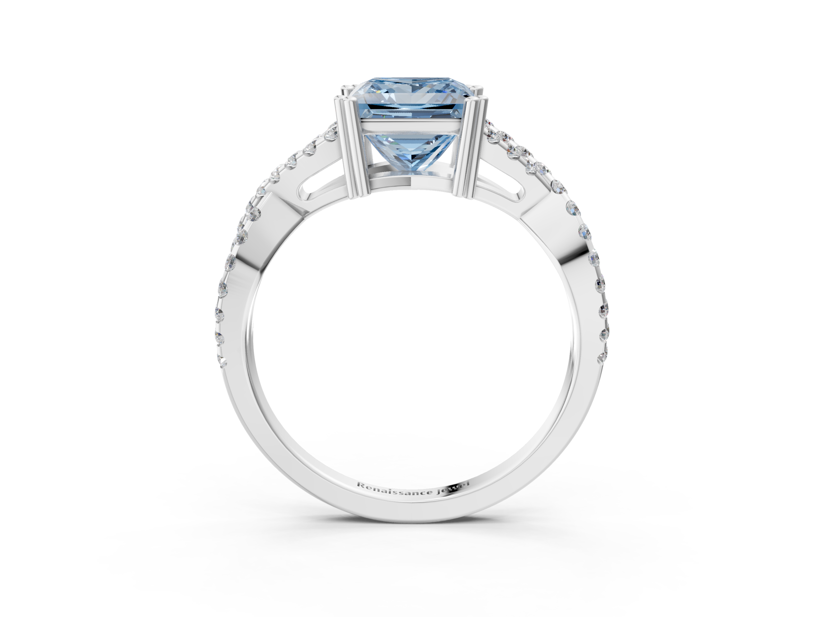White gold Fancy Blue Princess  Solitaire Twist Band with Pavé Setting and Four-Prong Setting_34