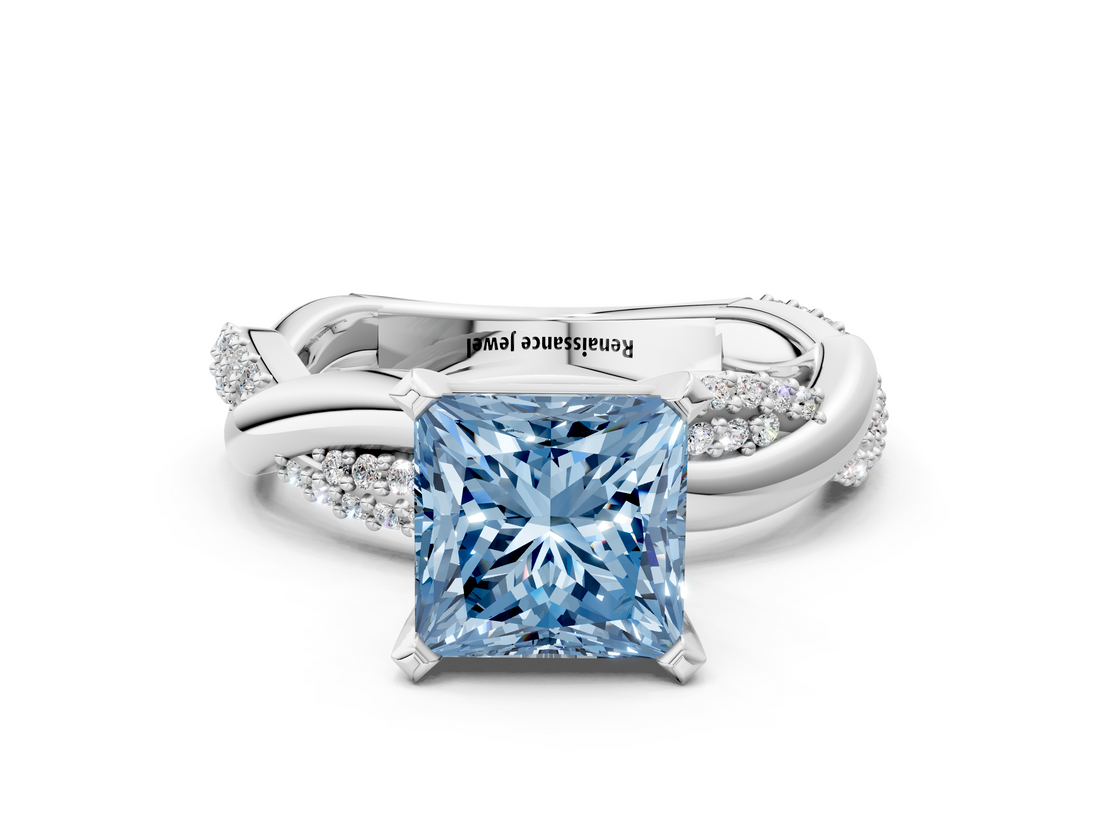White gold Fancy Blue Princess  Solitaire Twist Band with Pave Prong Setting_41