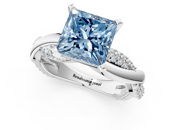 White gold Fancy Blue Princess  Solitaire Twist Band with Pave Prong Setting