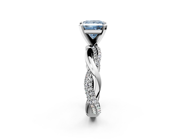 White gold Fancy Blue Princess  Solitaire Twist Band with Pave Prong Setting