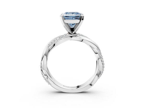 White gold Fancy Blue Princess  Solitaire Twist Band with Pave Prong Setting