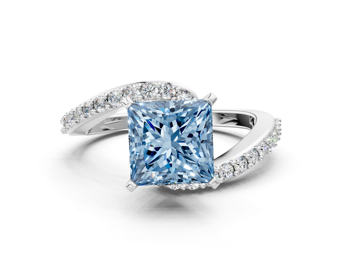 White gold Fancy Blue Princess  Solitaire Twist Band with Pave Set Diamonds and Four-Prong Setting_284