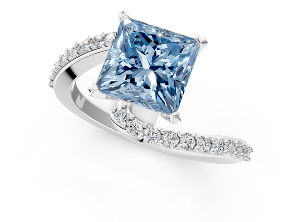 Platinum Fancy Blue Princess  Solitaire Twist Band with Pave Set Diamonds and Four-Prong Setting