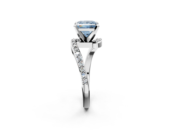 Platinum Fancy Blue Princess  Solitaire Twist Band with Pave Set Diamonds and Four-Prong Setting