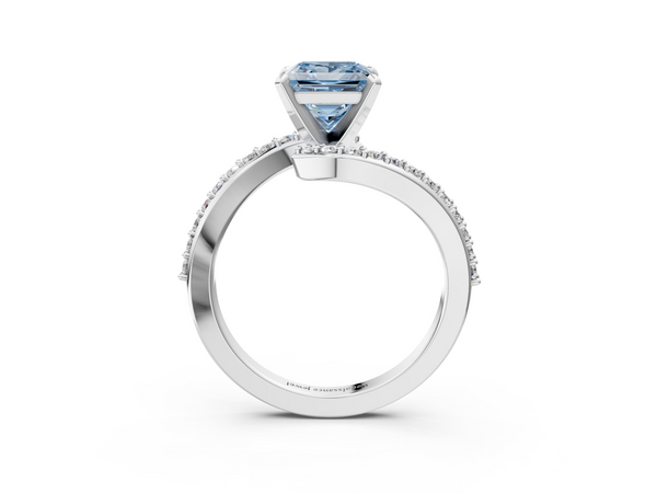 Platinum Fancy Blue Princess  Solitaire Twist Band with Pave Set Diamonds and Four-Prong Setting