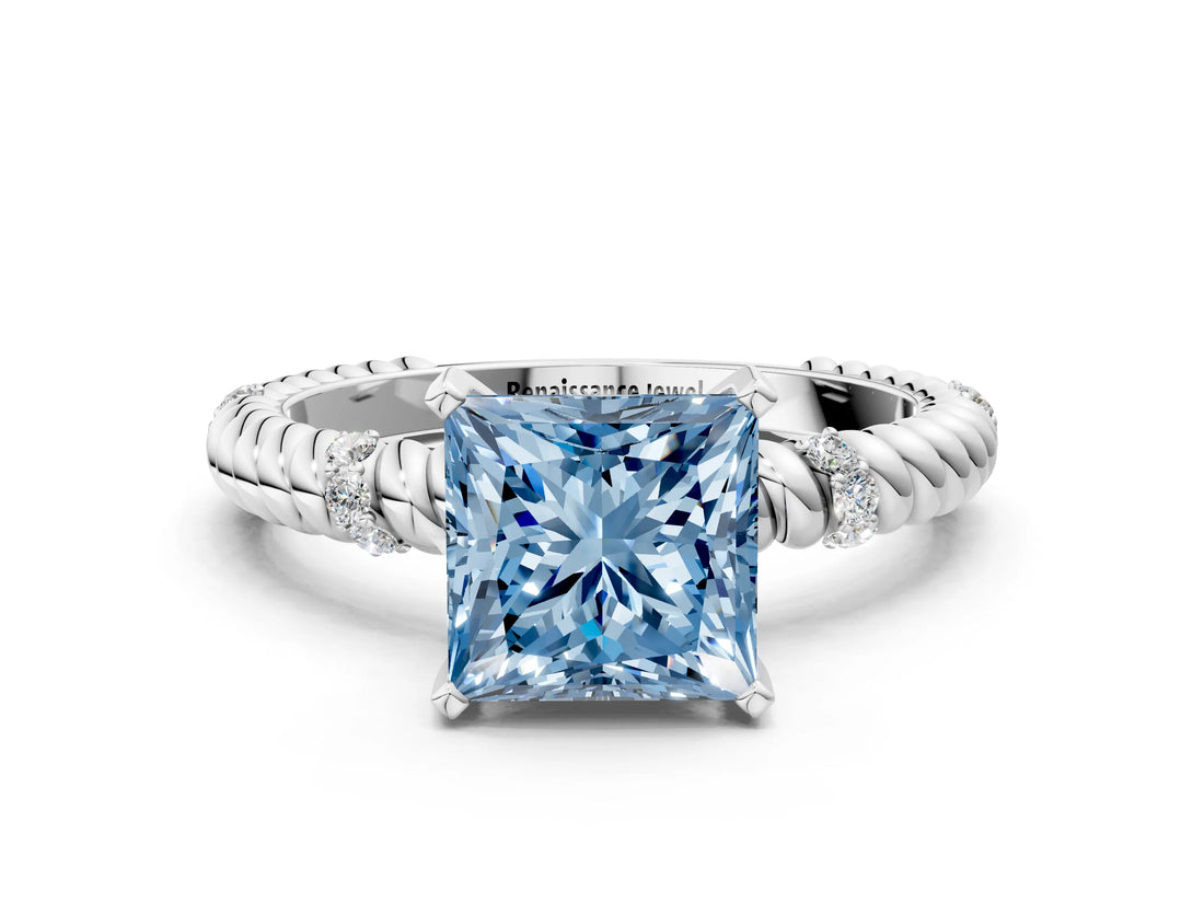 White gold Fancy Blue Princess  Solitaire Twisted Band Prong Set Engagement Ring_61