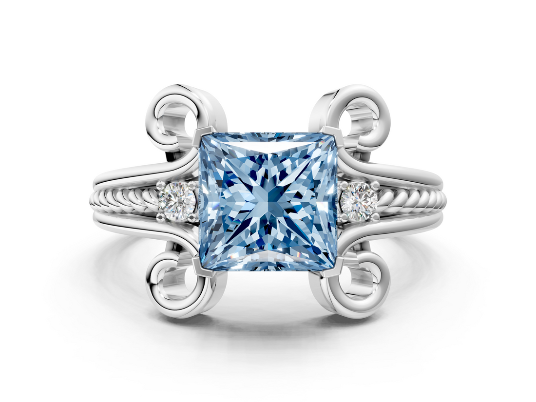 White gold Fancy Blue Princess  Solitaire Twisted Band Scroll Prong Ring_3