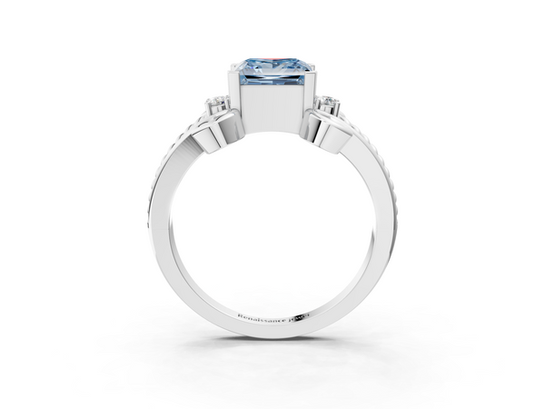 Platinum Fancy Blue Princess  Solitaire Twisted Band Scroll Prong Ring