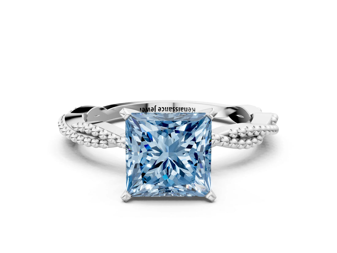White gold Fancy Blue Princess  Solitaire Twisted Band with Bead Prong Setting_327