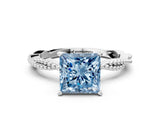 White gold Fancy Blue Princess  Solitaire Twisted Band with Bead Prong Setting_327