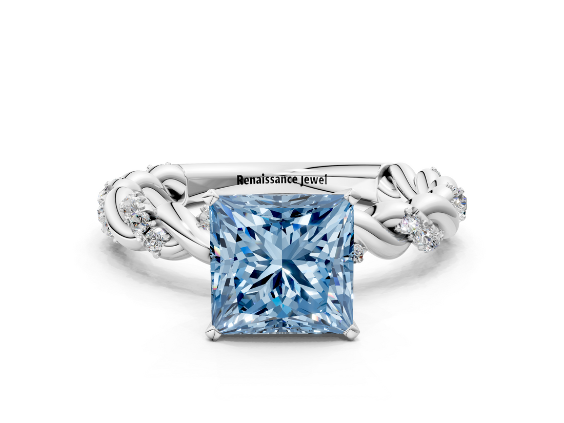 White gold Fancy Blue Princess  Solitaire Twisted Band with Pavé Accents and Four-Prong Setting_3