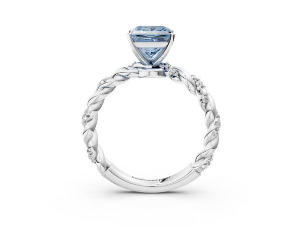Platinum Fancy Blue Princess Cut Diamond Solitaire Ring with Twisted Band and Pavé Accents