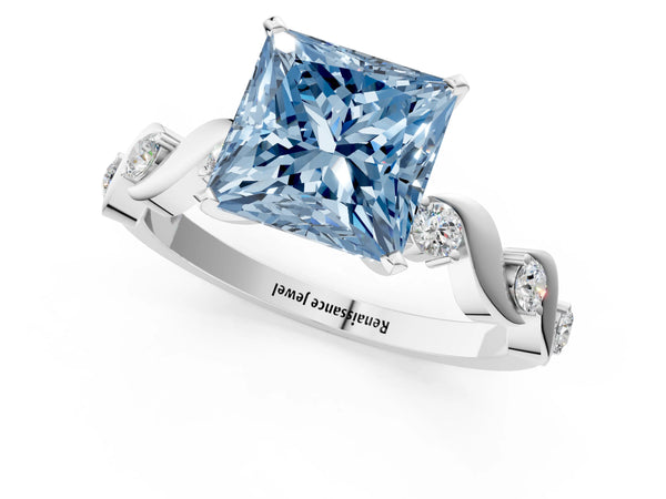 White gold Fancy Blue Princess  Solitaire Twisted Band with Prong Setting
